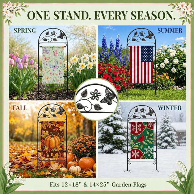AceList Garden Flag Holder Stand for Outside, Wrought Iron Butterfly Yard Flag Pole Holder with 8-Prong Base & Windproof Velcro Clips, Heavy Duty Garden Flag Stand for 12x18 Flags, Black, (Flag Not Included)