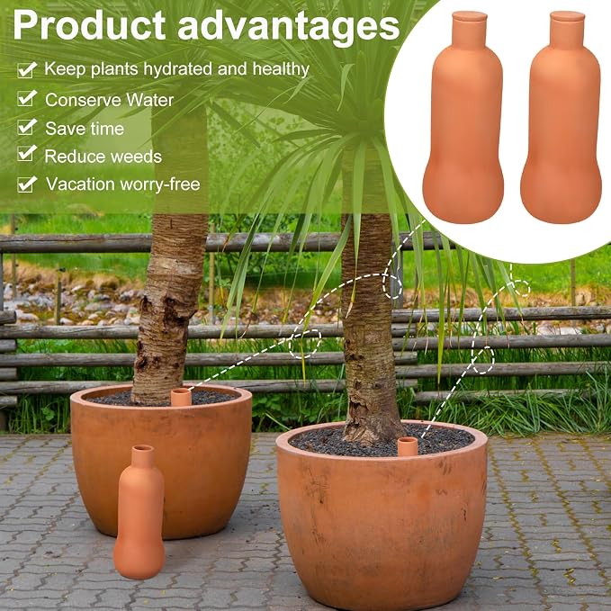Blushtier 2 Pcs Olla Terracotta Watering Pot with Lid Large 34 oz Terra Cotta Self Watering Pots for Indoor Outdoor Plants Self Irrigate Spikes Ceramic Plant Waterer Set