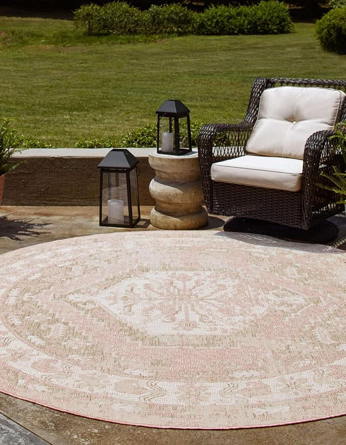Unique Loom Outdoor Traditional Collection Area Rug - Valeria (7' 10" Round, Pink/ Ivory)