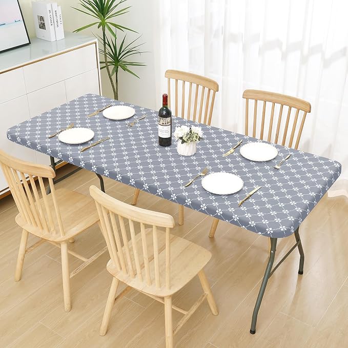 misaya 2 Pack Rectangle Vinyl Table Cloth, Elastic Fitted Tablecloth with Flannel Backing, Waterproof Table Cover Fits 6 Foot Folding Tables for Picnic, Camping and Outdoor (Light Grey, 30" x 72")