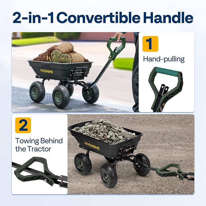 VIVOHOME 660lbs Wheelbarrow Dump Garden Cart with 2-in-1 Convertible Handle | Attach to ATV or Tractor, 10" All Terrain Wheels, Heavy Duty Utility Trailer for Yard