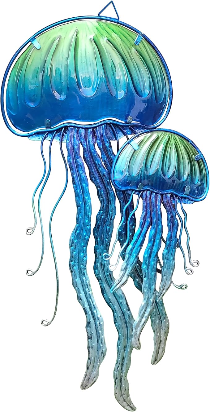 JOYBee Ocean Jellyfish Wall Art Decor-Sea Life Nautical Home Hanging Decor-Glass&Metal Jellyfish Decoration for Pool,Beach,Patio,Living Room,Bathroom,Boat, Coastal Decorations(17inch)