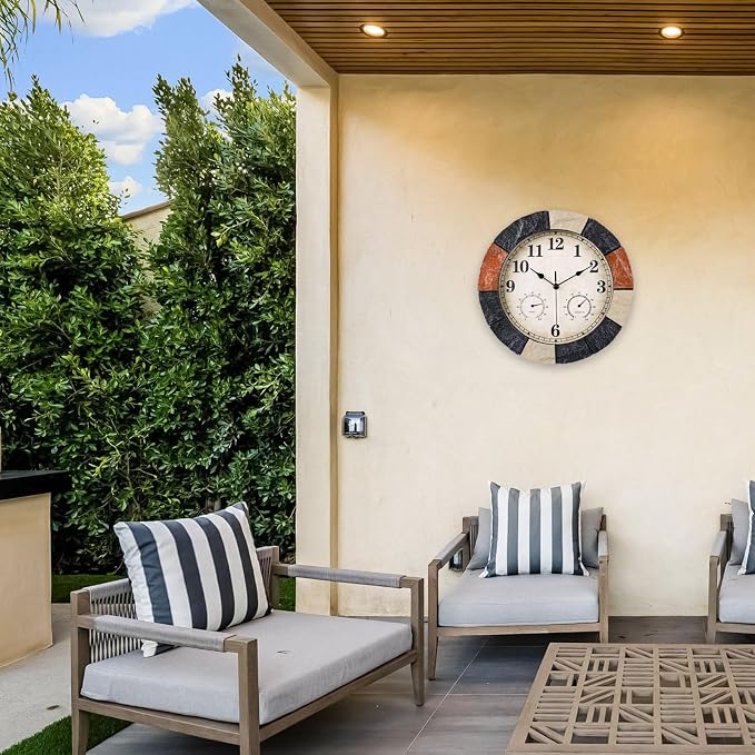 JoFomp 13 Inch Resin Faux-Stone Outdoor Clocks Waterproof with Thermometer and Hygrometer Combo, Large Outdoor Clocks for Patio, Outdoor Wall Clocks Battery Operated, Outside Clock for Pool/Home