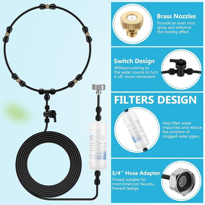 Enhon Outdoor Misting Fan Kit with Filters, 32.8 ft Misting Line, 5 Brass Nozzles, Fan Cooling Mister with Switch Valve for Patio Breeze Garden Greenhouse Backyard Yard BBQ Accessories, Party Supplies