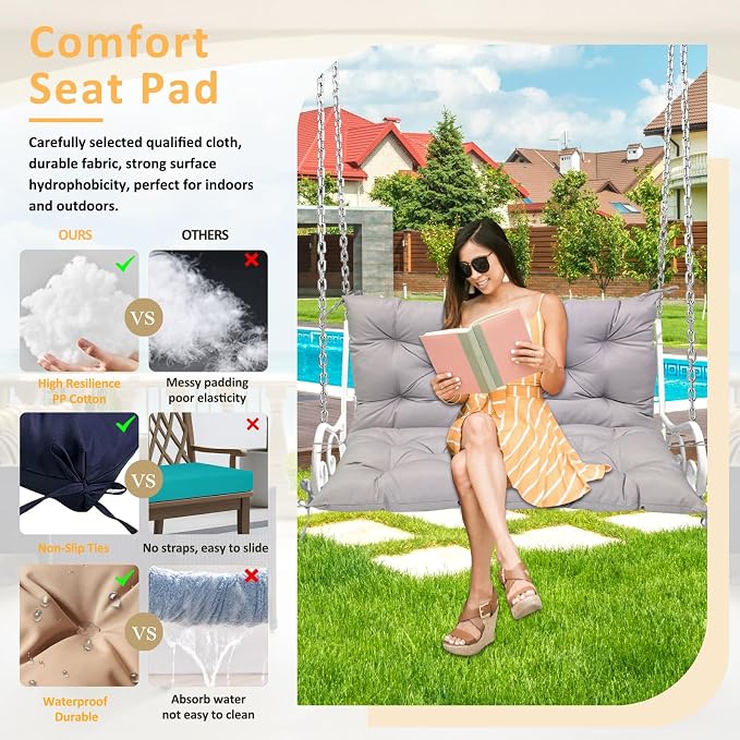Swing Replacement Cushions for Outdoor: 2-3 Seater Waterproof Porch Bench Cushion with Backrest and Ties - 4" Thick Swing Cushion for Garden Patio Backyard Loveseat