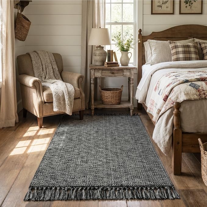 3' x 5' Indoor Entryway Rug, Boho Modern Black Washable Kitchen Rug | Cotton Blend Hand-Woven Bedside Rug, Farmhouse Braided Indoor Door Mat, Reversible Throw Carpet for Bedroom Bathroom