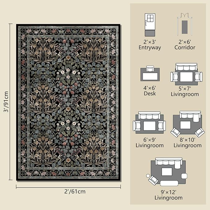 Floral Entryway Rug, 2x3 Kitchen Rugs Non Slip Washable Traditional Design Vintage Floral, Soft Door Mat Indoor Entrance, Ultra-Thin Easy Clean Small Throw Carpet for Bedroom Bathroom