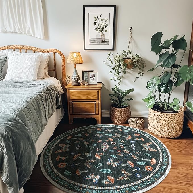Mushroom Insect 4ft Round Rug Washable Non-Slip Soft Ultra-Thin Small Boho Circle Carpet for Entryway Kitchen Bedroom Nursery Dining Room Black