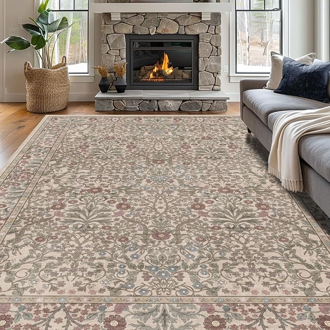 Area Rug for Living Room, 10x12 Large Washable Rugs for Dining Room, Bedroom, Non Slip Stain Resistant Carpet, Low Pile Vintage Floral Rug (Moss)