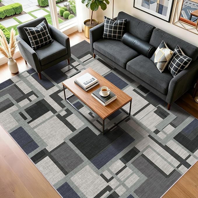 Modern Geometric 9x12 Area Rug for Living Room, Slate Blue Washable Rugs | Blue Grey Patchwork Blocks Non-Slip Indoor Carpet for Bedroom Dining Room Office | Abstract Soft Low-Pile Large Rug