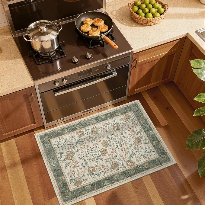 GarveeHome Small Sage Green Entryway Rug, 2x3 Washable Front Door Rug Indoor Entrance French Floral Carpet Non-Slip Beige Throw Rugs for Kitchen, Powder Room, Entry, Bathroom, Kids Room