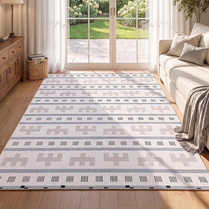 5x7 Washable Area Rug for Living Room, Boho Southwestern, Cream Beige | Tribal Geometric Pattern, Neutral Low Pile Non Slip Rug for Bedroom Dining Room Office, Soft Faux Wool