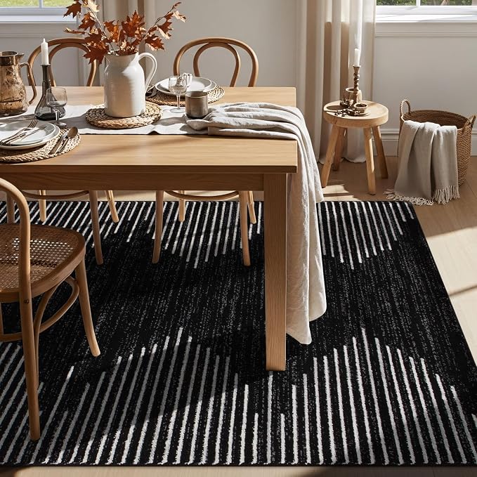 Rugshop Bohemian Stripe Stain Resistant Area Rug Black 6'6" x 9' | High Traffic, Rectangular, Size 6'6" x 9', Living Room, Bedroom, Dining Room, Home Office, Kitchen, Entryway, Hallway