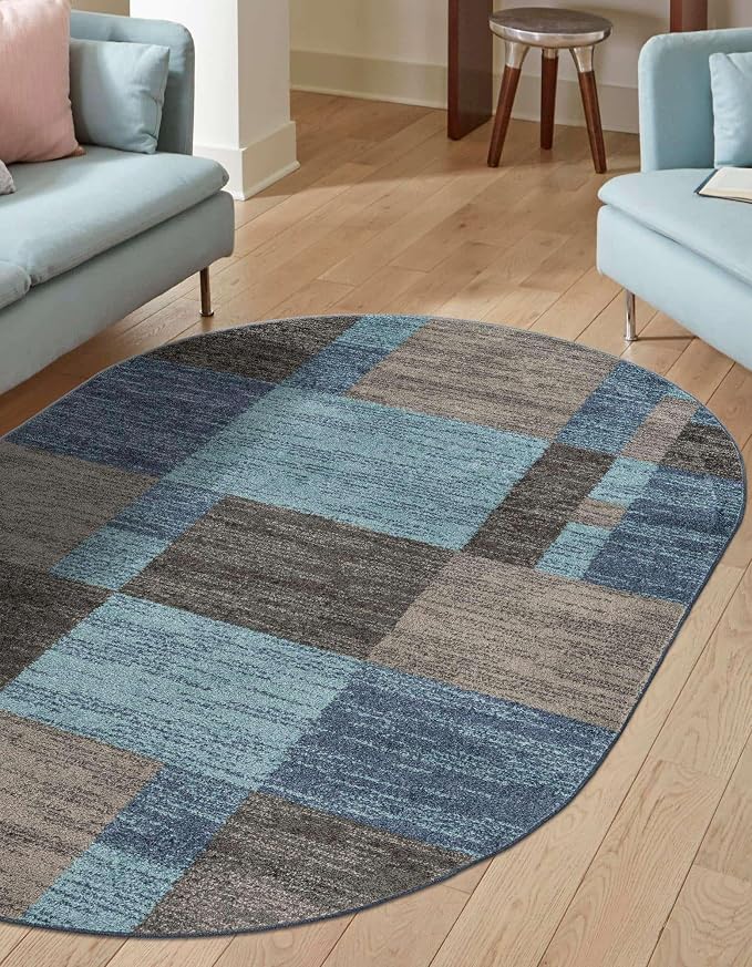 Unique Loom Autumn Collection Area Rug - Providence (5' 3" x 8' Oval, Blue Gray/ Light Brown)