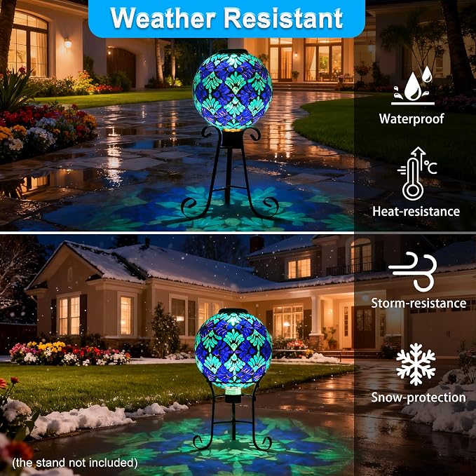 SAVENNA Mosaic Solar Gazing Ball 10 Inch, Glass Garden Globe with Auto On/Off for Yard, Lawn & Outdoor Decor, Blue Mosaic