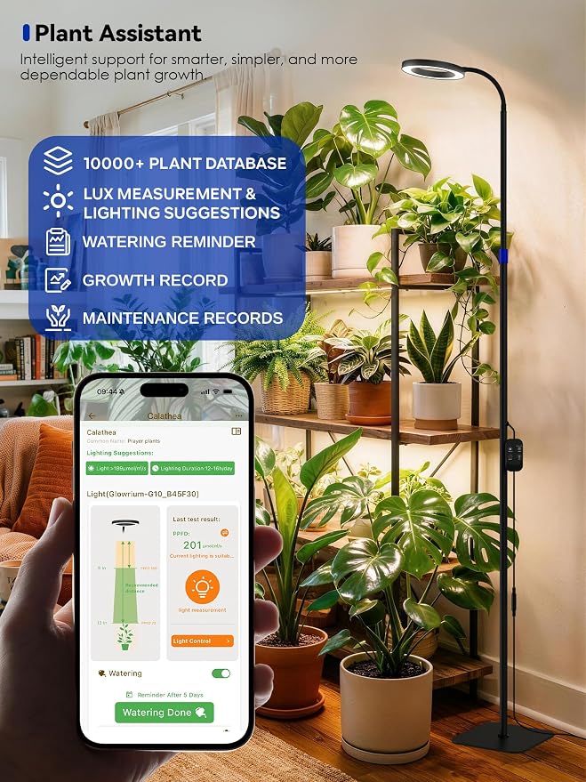 Smart Grow Light for Indoor Plants, 53.9"-67.5" Adjustable Height Full Spectrum LED Plant Light, APP Control with Auto Timer, Plant Assistant,Stepless Dimming, Ideal for Large Tall Plants