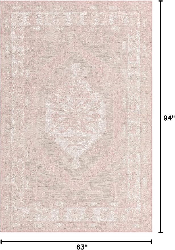 Unique Loom Outdoor Traditional Collection Area Rug - Valeria (5' 3" x 7' 10" Oval, Pink/ Ivory)