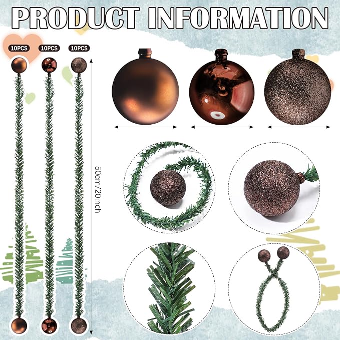 Dingion 30 Pcs 20 Inches Christmas Garland Ties with Balls Decorative Twist Ties for Banister Stairs Railing Reusable Flexible Twist for Home Xmas Holiday Decor Gift Craft Wrapping(Brown)