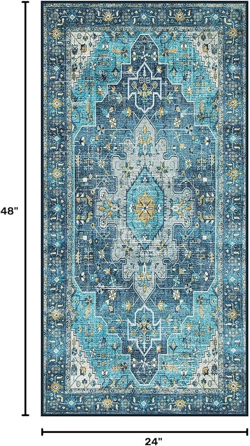 Moynesa 2x4 Teal Vintage Floral Medallion Runner Rug - Machine Washable, Non-Slip, Low Pile, Indoor Use Only