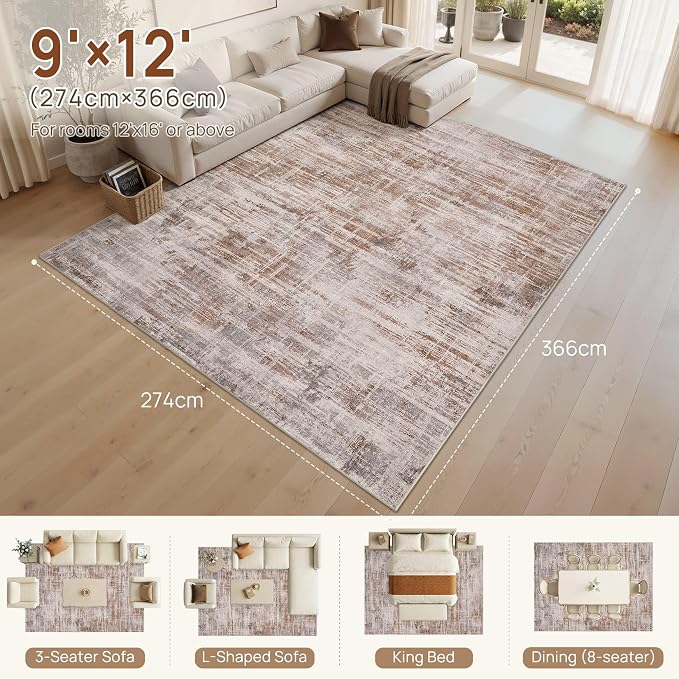 UERMEI 9x12 Area Rug for Living Room Washable Abstract Red Brown Carpet | Low Pile Non-Slip Soft Neutral Modern Kid Pet Friendly Large Rugs For Bedroom Dining Room Nursery Office Indoor Decor