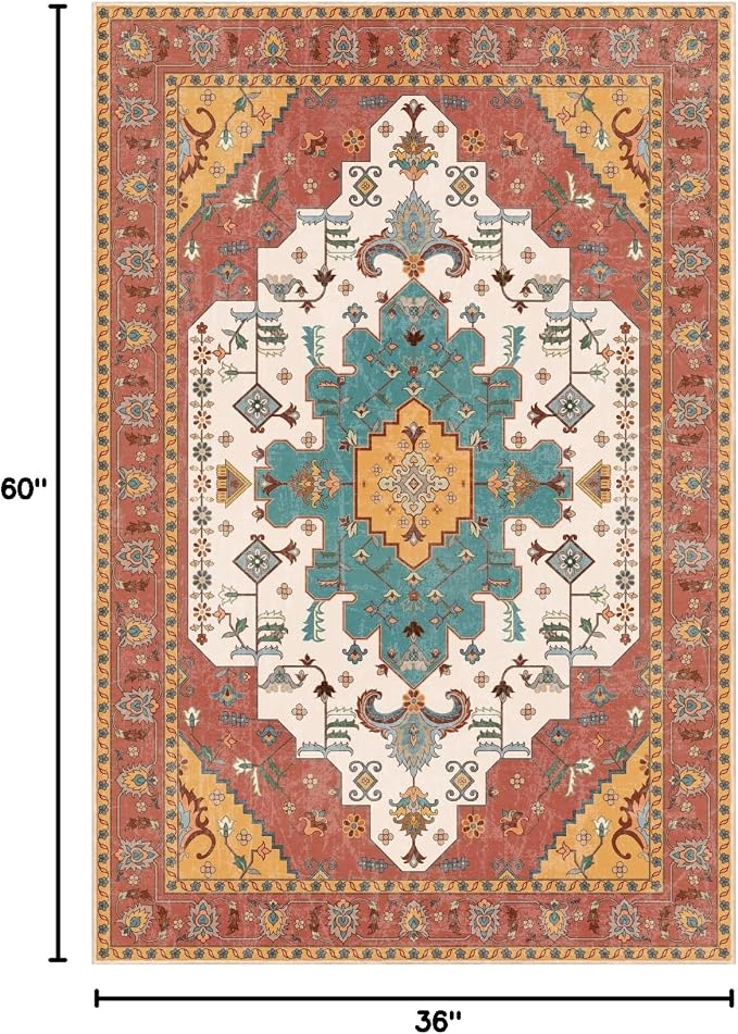 SERISSA 3x5 Washable Non Slip Boho Area Rug for Bedroom，Orange | Ultra Soft Vintage Oriental Carpet Low-Pile Distressed Tribal Throw Rug Carpet for Living Room Nursery Kitchen Dorm Decor