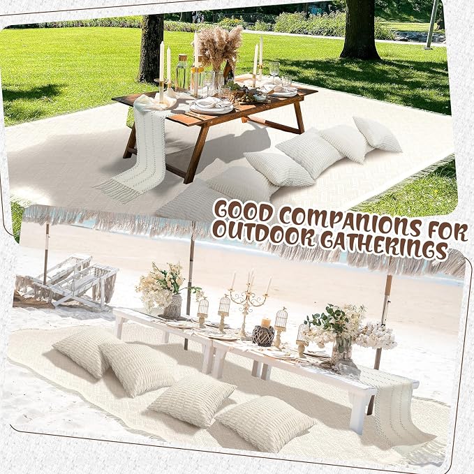 Beeveer 8 Pcs White Picnic Kit Extra Large Outdoor Boho Picnic Blanket 91x71'', Low Table Runner, 6 Throw Pillow Covers, Woven Cotton Yarn Oversize Washable Beach Blanket for Camp Wedding Garden Decor