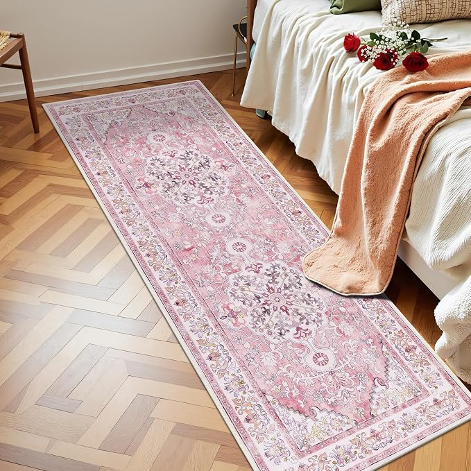 U'Artlines 2' x 6' Boho Hallway Runner Rug, Washable Carpet, Pink | Non Slip, Vintage Farmhouse Accent Area Rug Carpet, for Kitchen Entryway Laundry and Living Room