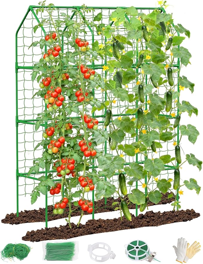 Cucumber Trellis for Climbing Plants Outdoor, A-Shape Garden Trellis for Raised Bed, Metal Plant Trellis with Garden Netting for Flower Vegetables, Pea, Grape ((67 * 17 * 65inch(L*W*H), Trellis)