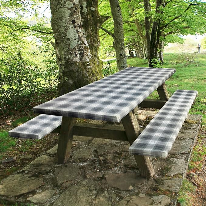 Picnic Table Cover with Bench Covers Camping Essentials Reusable Waterproof Windproof Camping Tablecloth Fitted Rectangle Tables and Seats, 96in, Gray Plaid