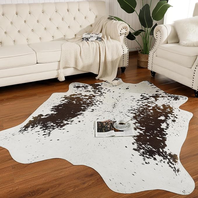 AROGAN Faux Cowhide Rug, Cow Print Animal Area Rug, 4.6x5.2 Ft Spots Brown | Premium Cow Hide Carpet, Western Rug for Bedroom Living Room Decor, Durable Faux Cow Skin Cowhide Area Rug