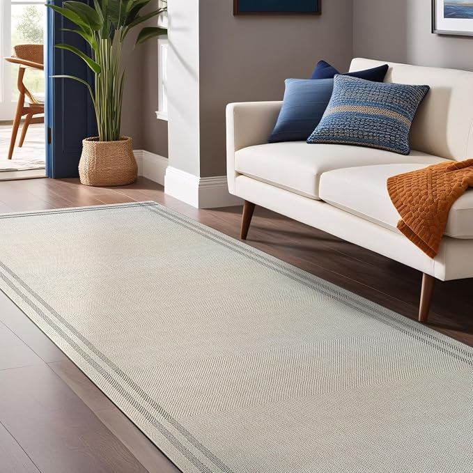 Luul Home Easy Jute Rugs 2x7 Bordered Bone Color Living Room Indoor Outdoor Runner Rug for Patio and Kitchen Rug High Traffic Washable Easy to Clean Solid Boho Woven Design Outside Carpet (2 x 7)