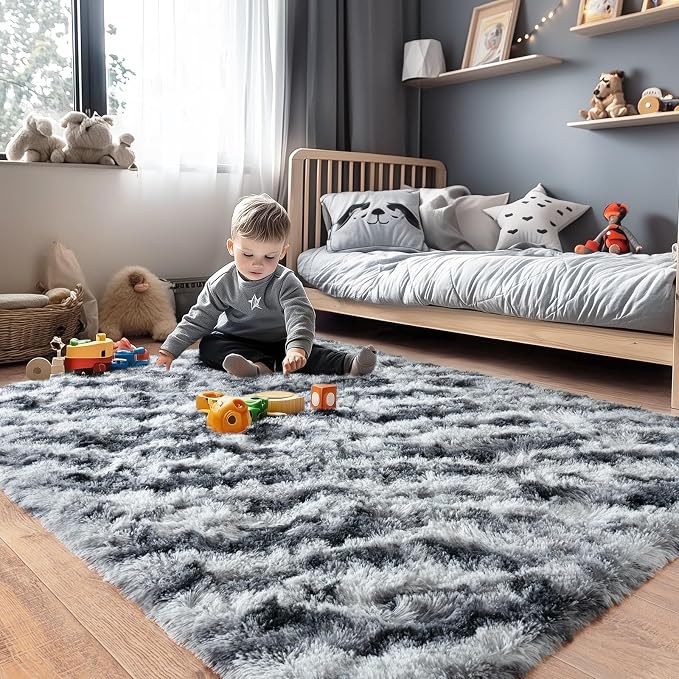 Rugs for Living Room, Ultra Fluffy Fuzzy Shag 6x9 Area Rug for Bedroom, Modern Plush Soft High Pile Upgrade Non-Slip Carpet for Kids Girls and Boys, Dorms, Home Decor, Tie-Dyed Black Grey