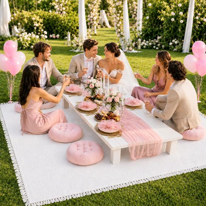 Cinrobiye Boho Picnic Party Set for Outdoor, Aesthetic Picnic Setup with Large Picnic Blanket, Floor Cushions, Table Runner, Napkins, Balloons for Wedding, Bridal Shower, Birthday(Pink)