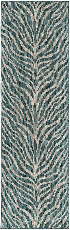 Unique Loom Outdoor Safari Collection Area Rug - Tsavo (2' 11" x 10' Runner, Teal/ Ivory)