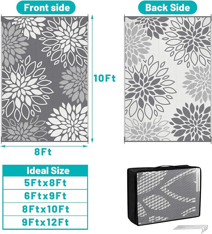 HEBE Waterproof Outdoor Rug 8x10 for Patios, Floral Reversible Plastic Straw Rug Patio Mat, Indoor Outdoor Carpet RV Mat Camping Rug for Deck, Camper, Porch, Balcony, Backyard, Picnic