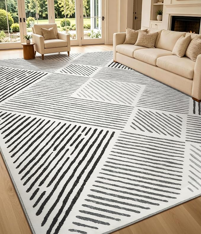 9‘x12' Washable Black and White Modern Area Rug for Living Room | Non-Slip, Low Pile, Stain Resistant, Black Geometric Stripe Large Rug for Bedroom Dining Room