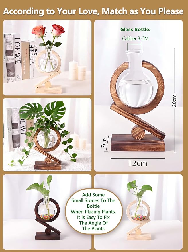 Glass Plant Propagation Station with Wooden Stand and Air Planter Bulb Vase, Planter Terrarium for Home Office Garden Boho Desk Decor,Mothers Day Vase (Natural Wood)