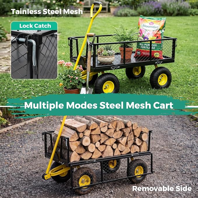 SUNNYFEEL 900 LBS Garden Cart Heavy Duty with 180° Rotating Handle | Metal Yard Utility Wagon Carts with 10" All Terrain Tires, Mesh Removable Sides, All Season Steel Yard Cart for Yard, Lawn