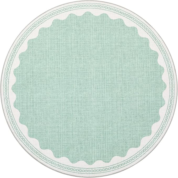 4ft Scalloped Round Rug Green Washable Living Room Bedroom Area Rug | Small Solid Rug for Bedroom Girls, Non Slip Scalloped Round Bath Mat, Soft Dorm Nursery Carpet for Bedside