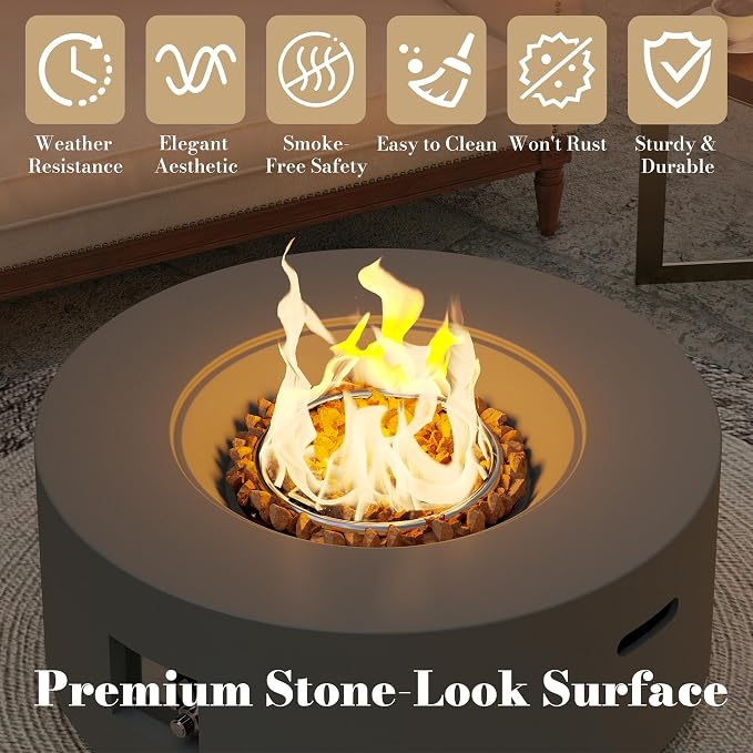 32.5 Inch Propane Fire Pit Table, 50,000 BTU Round Patio Fire Pit Table Outdoor, CSA Certified, Stainless Burner with Steel Lid, Waterproof Cover & Lava Rocks, for Garden Backyard, Gray