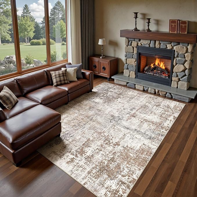 UERMEI Area Rug Living Room Rugs - Washable Neutral Modern Abstract Soft Thin Rug Indoor Floor No Slip Rug Carpet for Bedroom Under Dining Table Home Office Decor - Brown/Grey/Red - 9x12