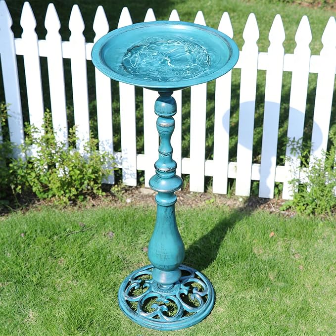 26.6"H Cast Iron Pedestal Bird Bath,Metal Birdbath for Outdoors (Blue) | Bird Bath for Outside,Tall Bird Baths,Bird Feeder Seed Tray for Garden Yard Decor