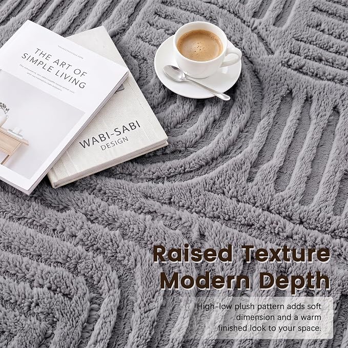 Etwel 6.5 ft Dark Gray Geometric Textured High-Low Pile Washable Round Rug | Modern Soft Carpet, Non-Slip PVC Backing, Low Profile, Kid and Pet Friendly, for Living Room, Bedroom, Dining Room, Nursery
