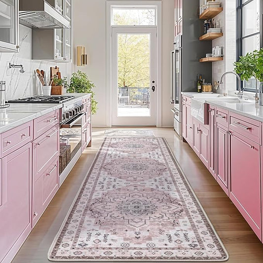 LBRO2M Machine Washable Rug Soft Pet Friendly Carpet 2X10 Pink | Persian Runner Rug 2X10 for HallWay, Bedroom, Kitchen, Laundry Room, Non Slip Carpet, Foldable Stain Resistant Rugs