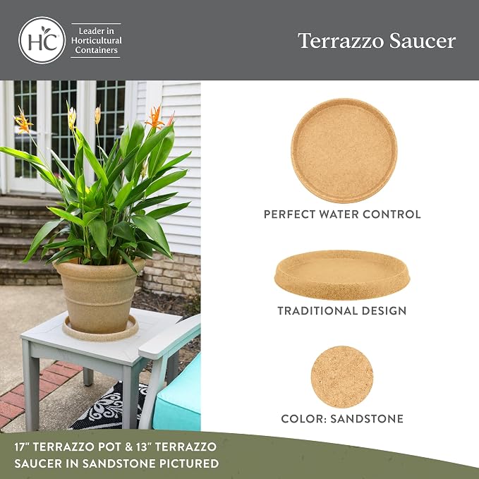 The HC Companies 23 Inch Terrazzo Round Plant Saucer, Lightweight UV-Resistant Plastic Outdoor & Indoor Flower Pot Tray, 1-Pack Plant Pot Trays for Garden & Home Decor, Sandstone