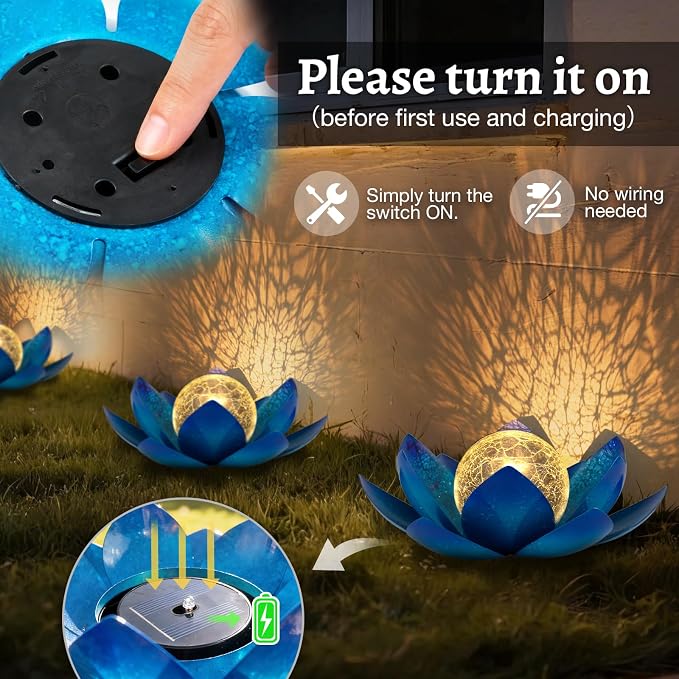 Huaxu Solar Lights Outdoor Garden Decoration Crackle Globe Glass Waterproof LED Metal Blue Lotus Flowers Gift for Mom,Women,Patio,Lawn,Walkway,Tabletop,Ground