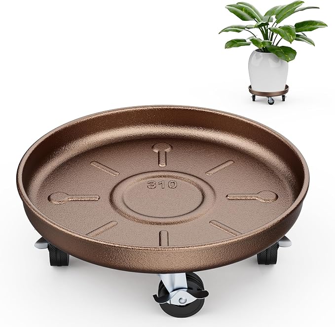Plant Saucer 12" Rolling Plant Caddy Rolling Plant Stand with Wheels – Heavy Duty Metal, Locking, Sturdy, Rust-Resistant Finish, and Easy to Move, 310 lb Capacity
