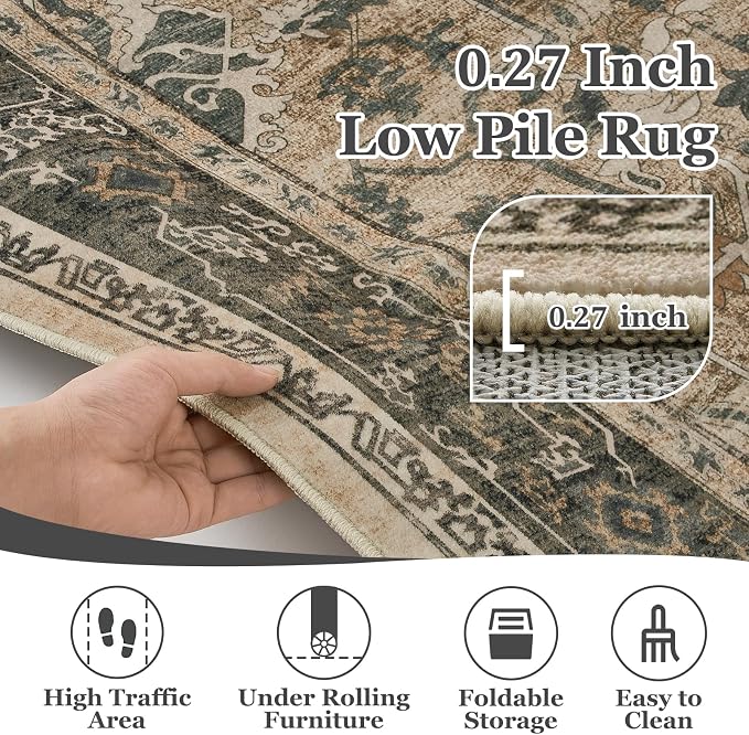 Vintage Distressed 5x8 Area Rugs for Living Room Bedroom, Low Pile Machine Washable Non Slip Dining Room Carpet Rugs for Under Table/Home Office/Kitchen, Multi Brown with Olive Accents