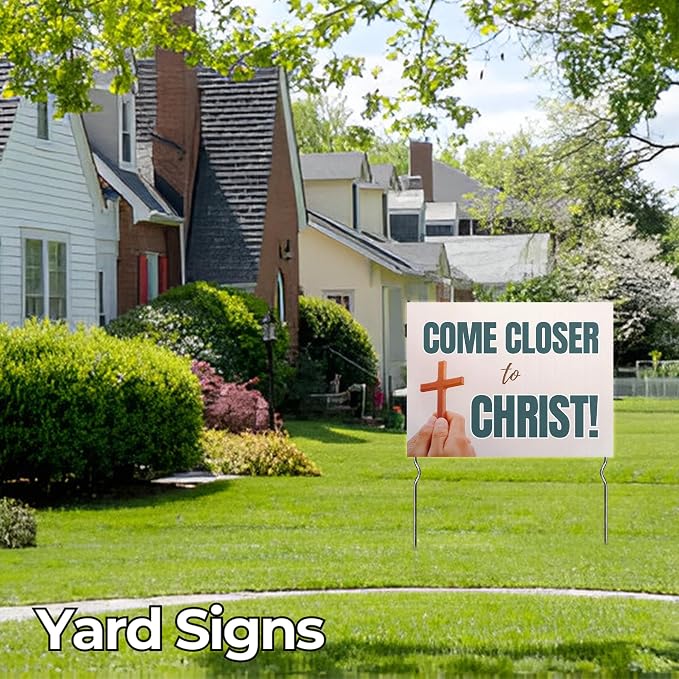 Come Closer to Christ! Yard Sign by DC | 24"x18" Double Sided Church Garden Sign with 13” Metal Stakes | Outdoor Signs Waterproof for Lawn, Patio, Sidewalk & House | Set of 5 | Made in USA