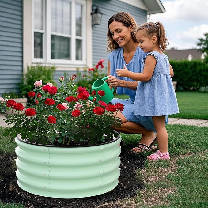 Garvee Galvanized Raised Garden Bed, 2Pcs Raised Garden Beds Outdoor, Round Planter Raised Beds with Gloves and Rubber Edge Trim for Vegetables, Flowers and Herbs, 2x2x1 FT, Green